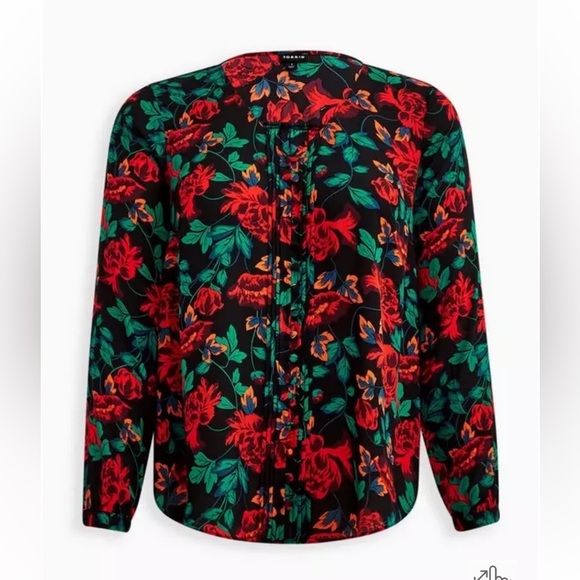 Torrid Georgette Pintuck Black, Red, Green Floral Long Sleeve Blouse Torrid 2 - Picture 10 of 10